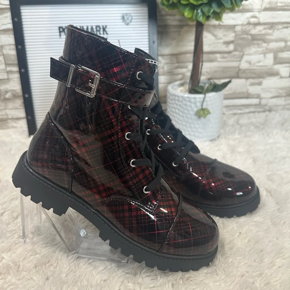 Jessica Simpson Daria Moto Boot with Buckle in Black Plaid